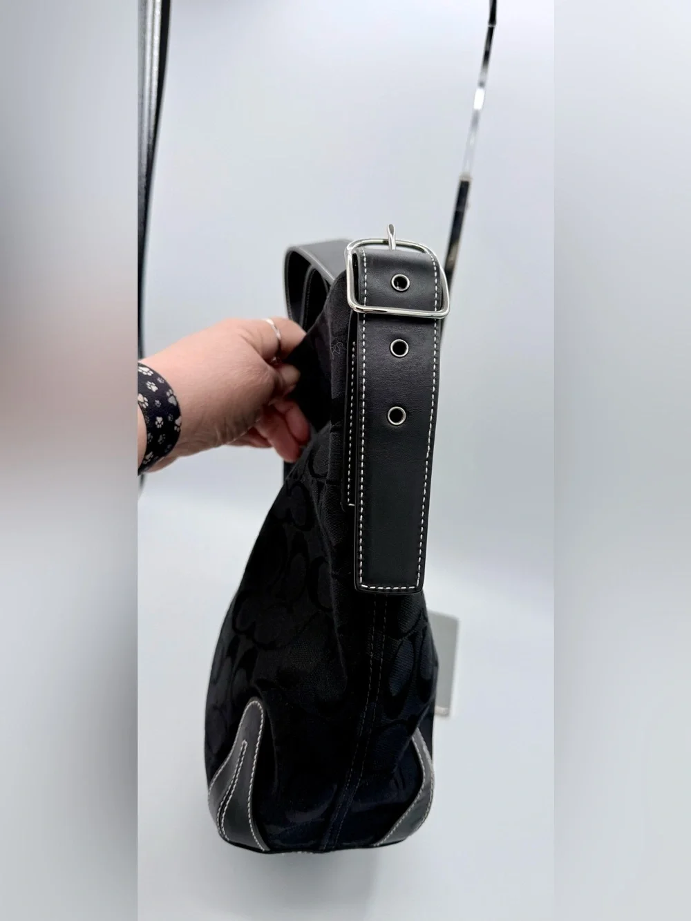 Coach Black Signature Canvas Shoulder Bag with Leather Trim